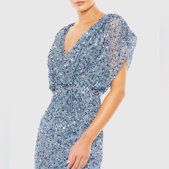 Mac Duggal 5640 Womens Blue Draped Sleeve V Neck Gown - Picture 3 of 12